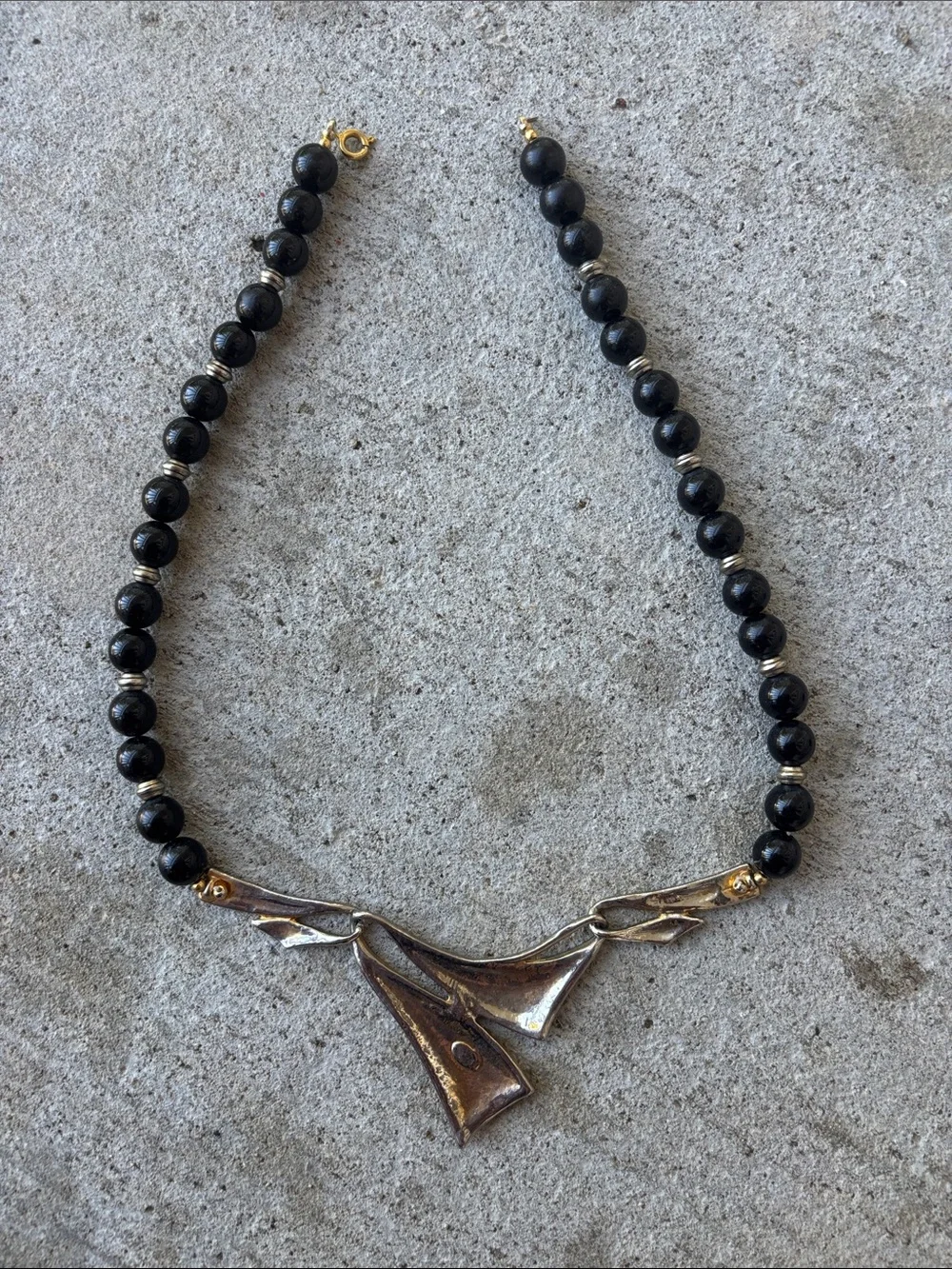 Vintage Black Modernist Statement with Sculpted Black Enamel Pendant